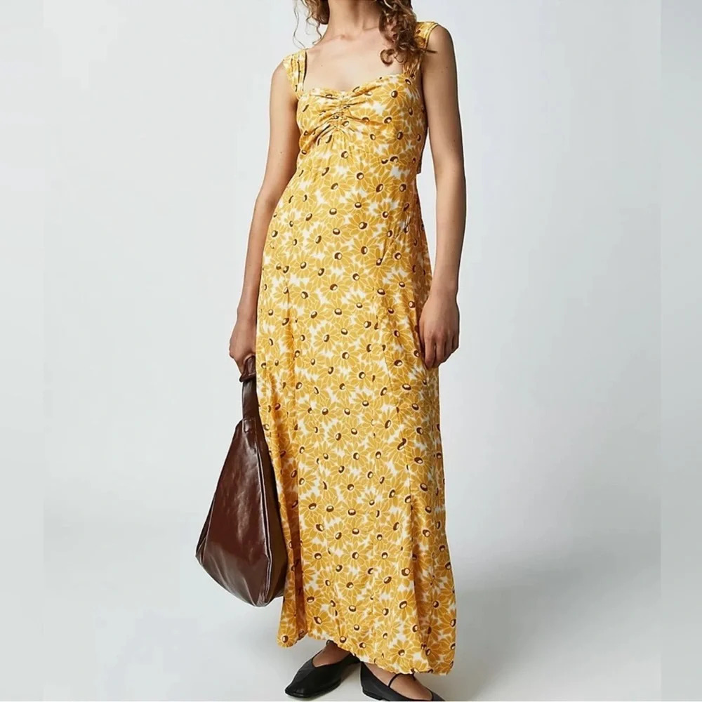Free People Rosalee Daisy Floral Midi Maxi Dress Yellow Multi Small Boho Coastal